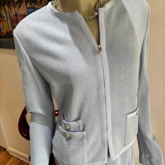 St John designer lavender pants suit orchid 12 jacket tweed buttons embellished - Picture 1 of 6